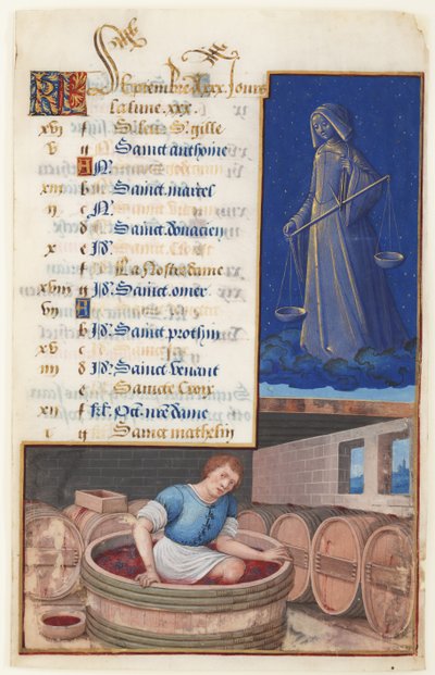 Vierge et foulage des raisins, calendrier pour les fêtes célébrées en septembre, c.1500 - Jean Bourdichon